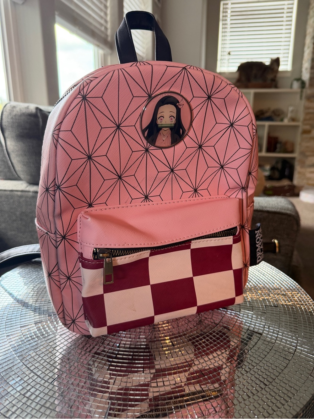 Pink Demon Slayer Mini Backpack with Checker Front Pocket
